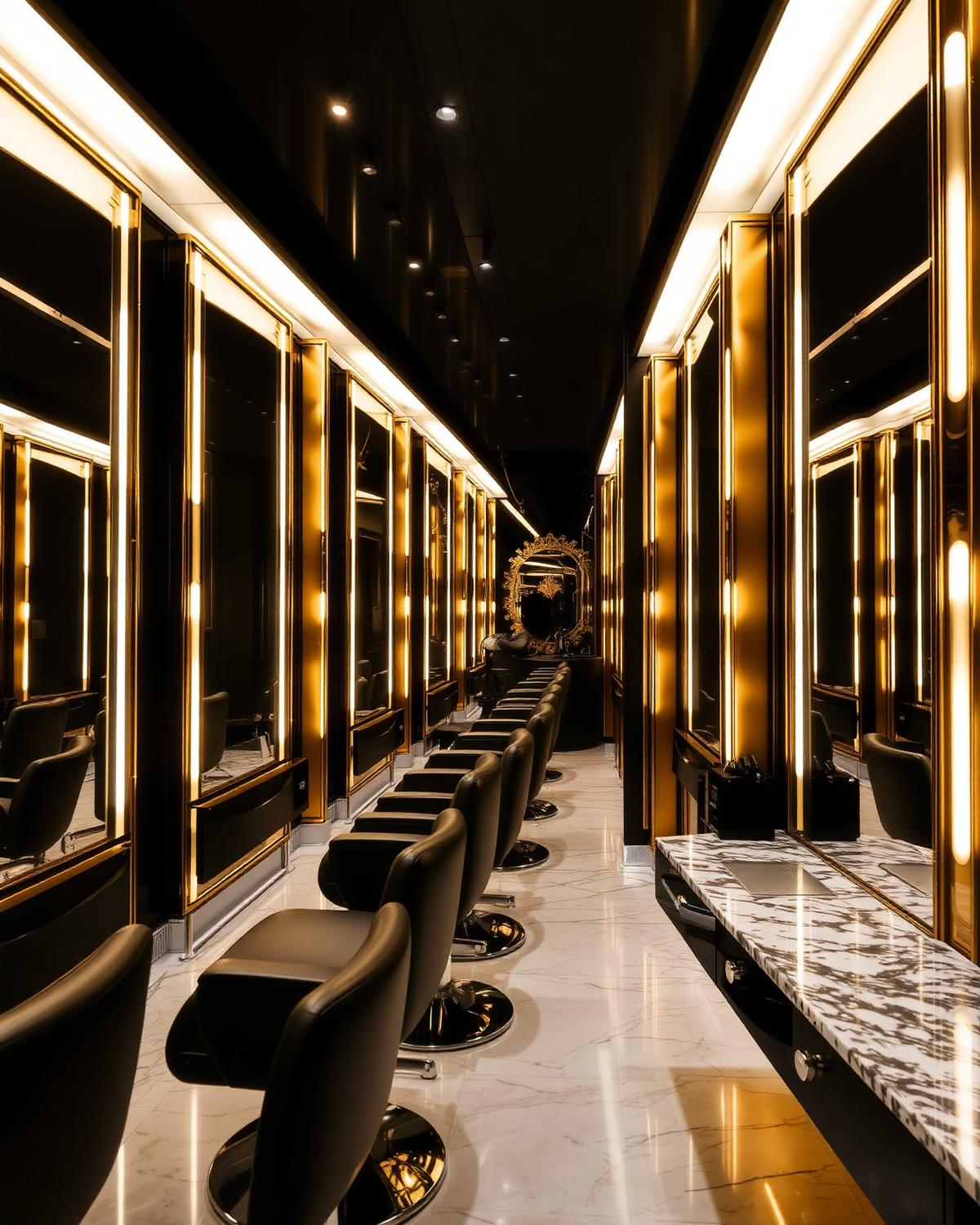 Backlit mirrors along a black and gold styling gallery